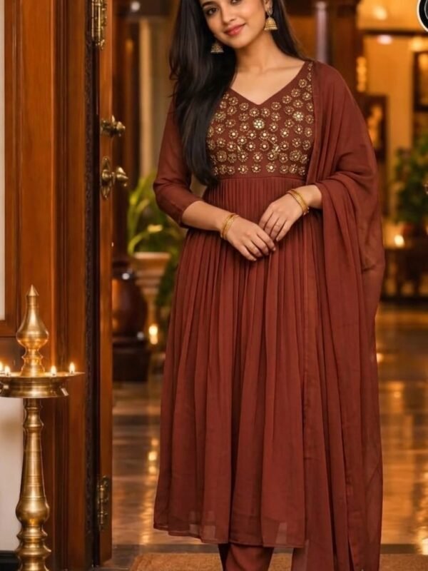 Earthy Spice Mirror-Embroidered Georgette Anarkali