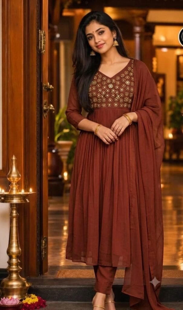 Earthy Spice Mirror-Embroidered Georgette Anarkali